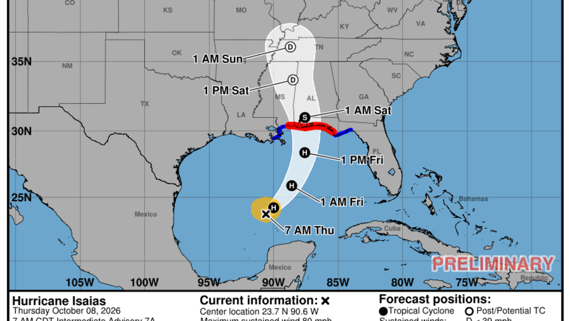 Latest update from the NHC on Category 1 Hurricane Isaias for Thursday, Oct. 8 