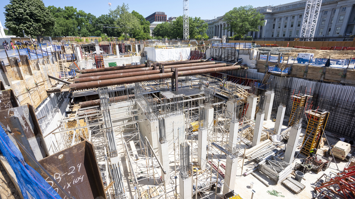 The White House Ballroom construction project in Washington on May 19. The Trump administration has transferred about $350 million from the Secret Service to White House security upgrades as President Donald Trump builds a luxury ballroom on the grounds with a secure military bunker underneath.