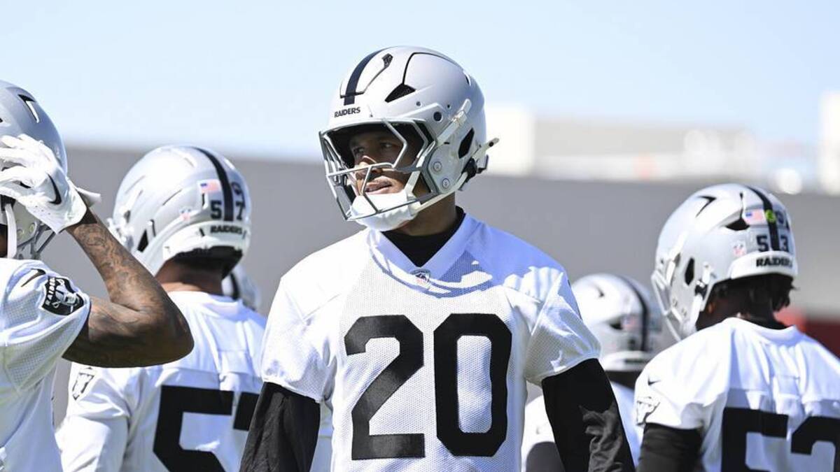  May 20, 2026; Henderson, NV, USA; Las Vegas Raiders safety Isaiah Pola-Mao (20) warms up during organized team activities at Intermountain Health Performance Center. Mandatory Credit: Candice Ward-Imagn Images | Candice Ward-Imagn Images 
