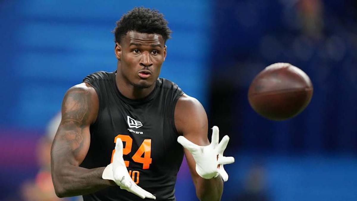  Feb 28, 2026; Indianapolis, IN, USA; Georgia State wideout Ted Hurst (WO24) during the NFL Scouting Combine at Lucas Oil Stadium. | Kirby Lee-Imagn Images 