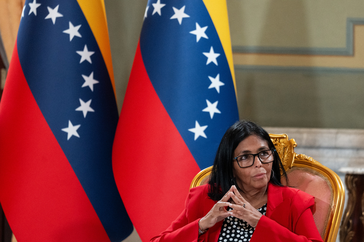 FILE -- Delcy Rodriguez, the interim president of Venezuela in Caracas, Venezuela on April 30, 2026. The U.S. Treasury receives the revenue from most of Venezuela's exports, then disburses it gradually to Venezuela through the country's private banks, a relationship akin to parents handing out allowances to children. (Todd Heisler/The New York Times)