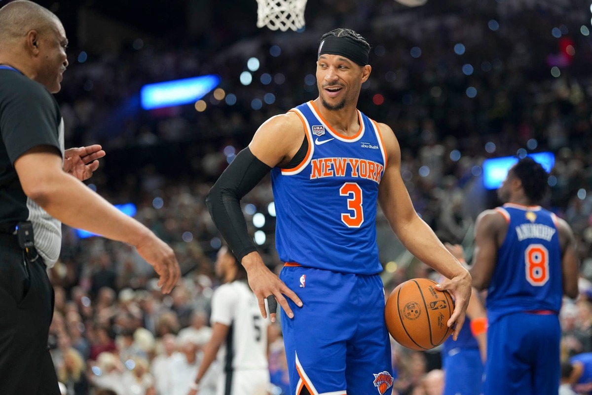  Jun 5, 2026; San Antonio, Texas, USA; New York Knicks guard Josh Hart (3) reacts to a call during the fourth quarter against the San Antonio Spurs during game two of the 2026 NBA Finals at Frost Bank Center. Mandatory Credit: Scott Wachter-Imagn Images 