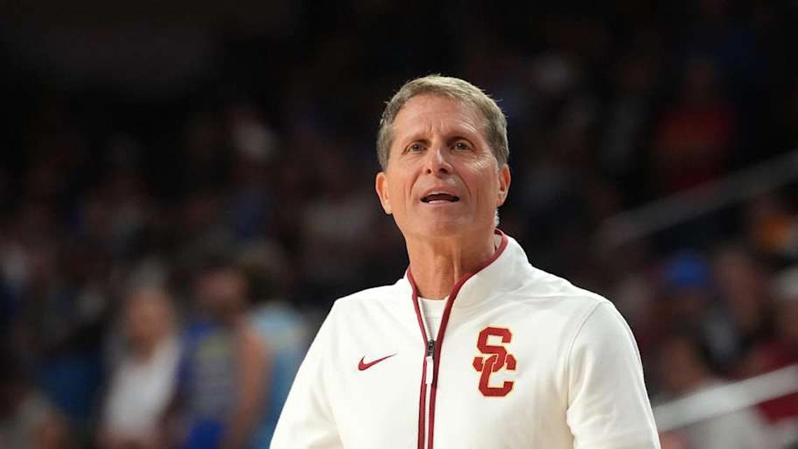  Mar 7, 2026; Los Angeles, California, USA; Southern California Trojans head coach Eric Musselman reacts against the UCLA Bruins at the Galen Center. Mandatory Credit: Kirby Lee-Imagn Images | Kirby Lee-Imagn Images 