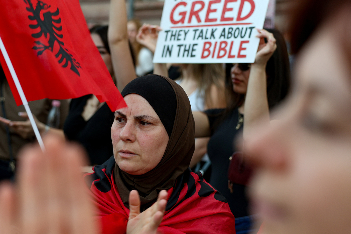 Protesters take part in a protest against a luxury resort, a plan by a company linked to U.S. President Donald Trump's son-in-law, Jared Kushner, on an environmentally sensitive part of the Adriatic coast, in Tirana, Albania, June 9, 2026. REUTERS/Florion Goga