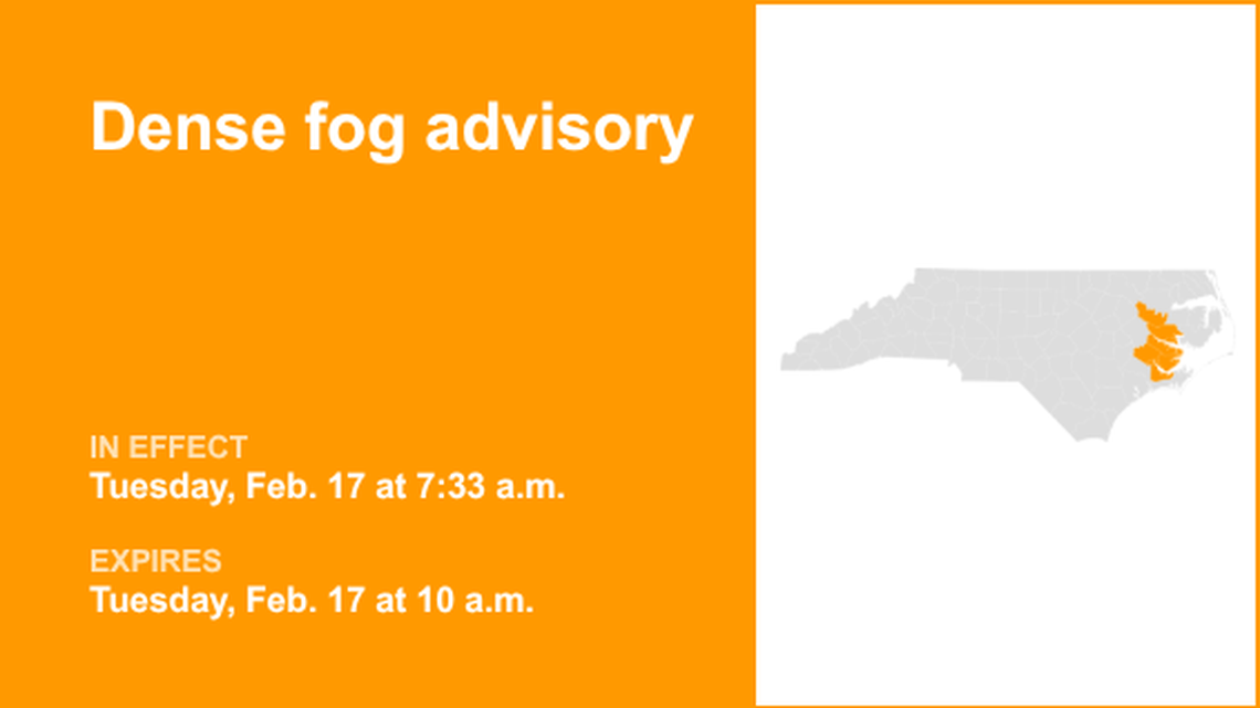 Dense fog advisory for Eastern North Carolina Tuesday morning, says the NWS 