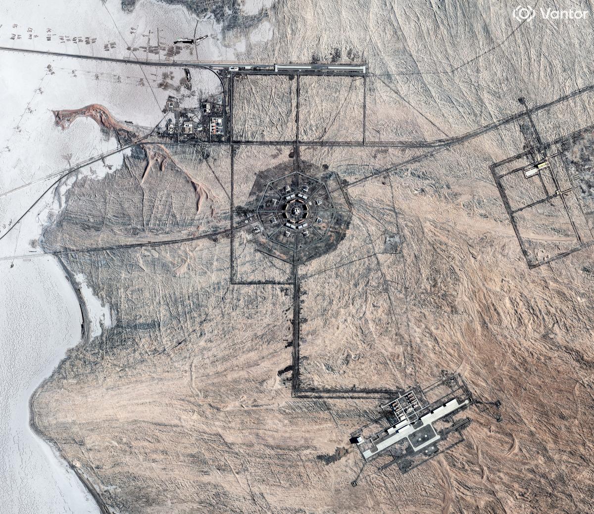 A satellite view shows one of the two Xinjiang octagon-shaped military facilities, which analysts say are likely supporting the nearby Hami silo fields, near an airfield to the south and a rail terminal to the north, in the Xinjiang Uyghur Autonomous Region, China, August 4, 2025.  Vantor/Handout via REUTERS