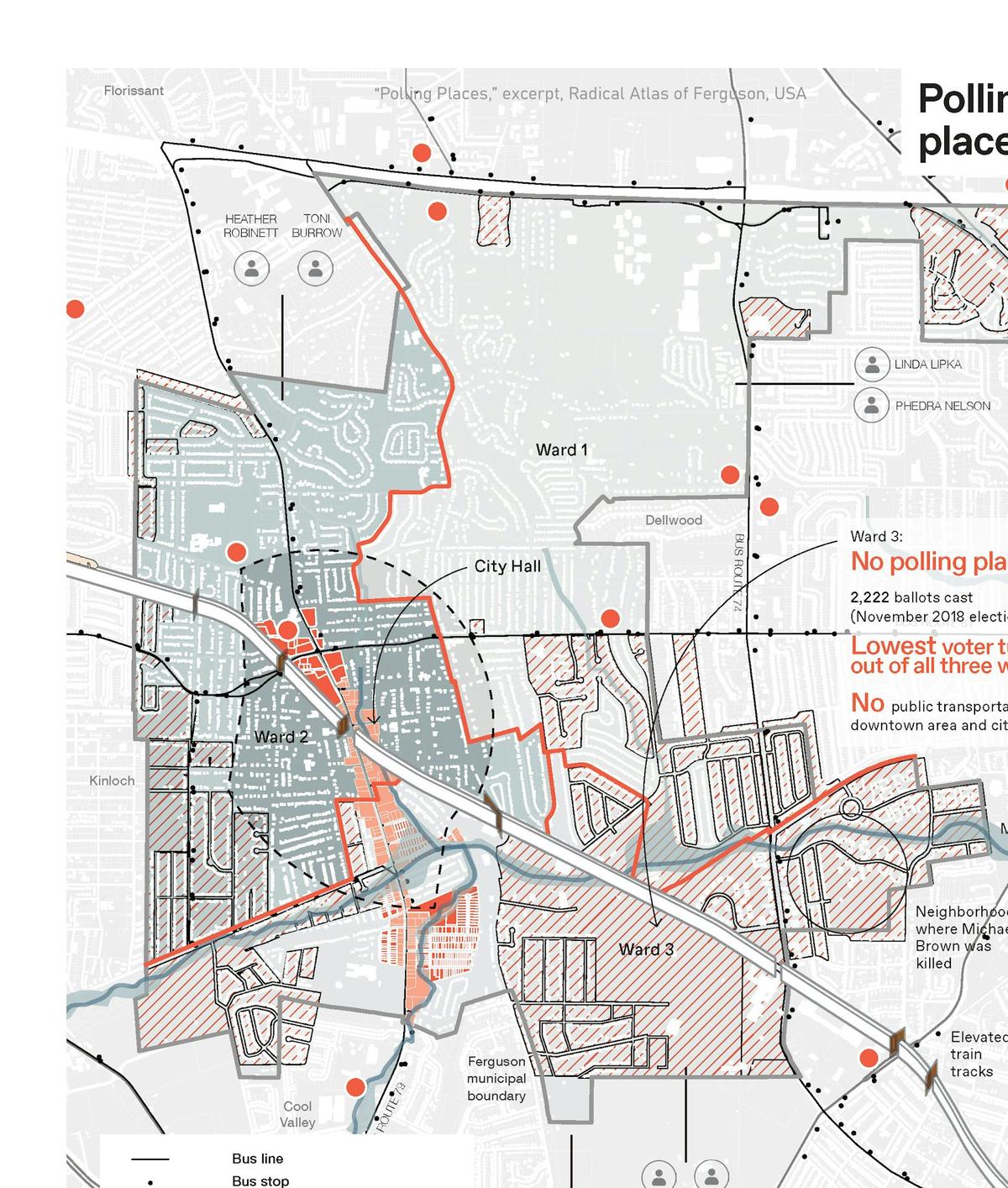  Maps reveal the physical barriers behind low voter turnout in Ferguson, Mo., including a lack of polling places and no public transit to City Hall. Patty Heyda/Radical Atlas of Ferguson, USA via Belt Publishing 