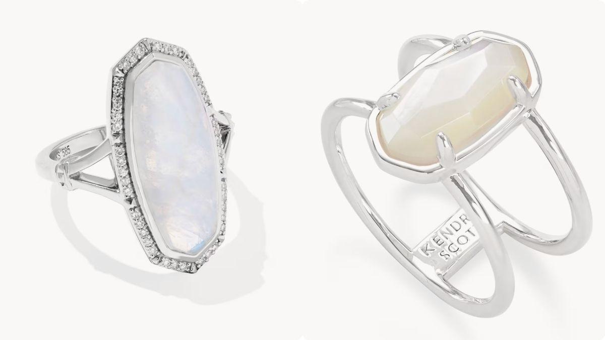Left: Dani 14k White Gold Cocktail Ring; Right: Elyse Sterling Silver Double Band Ring in Ivory Mother-of-PearlKendra Scott