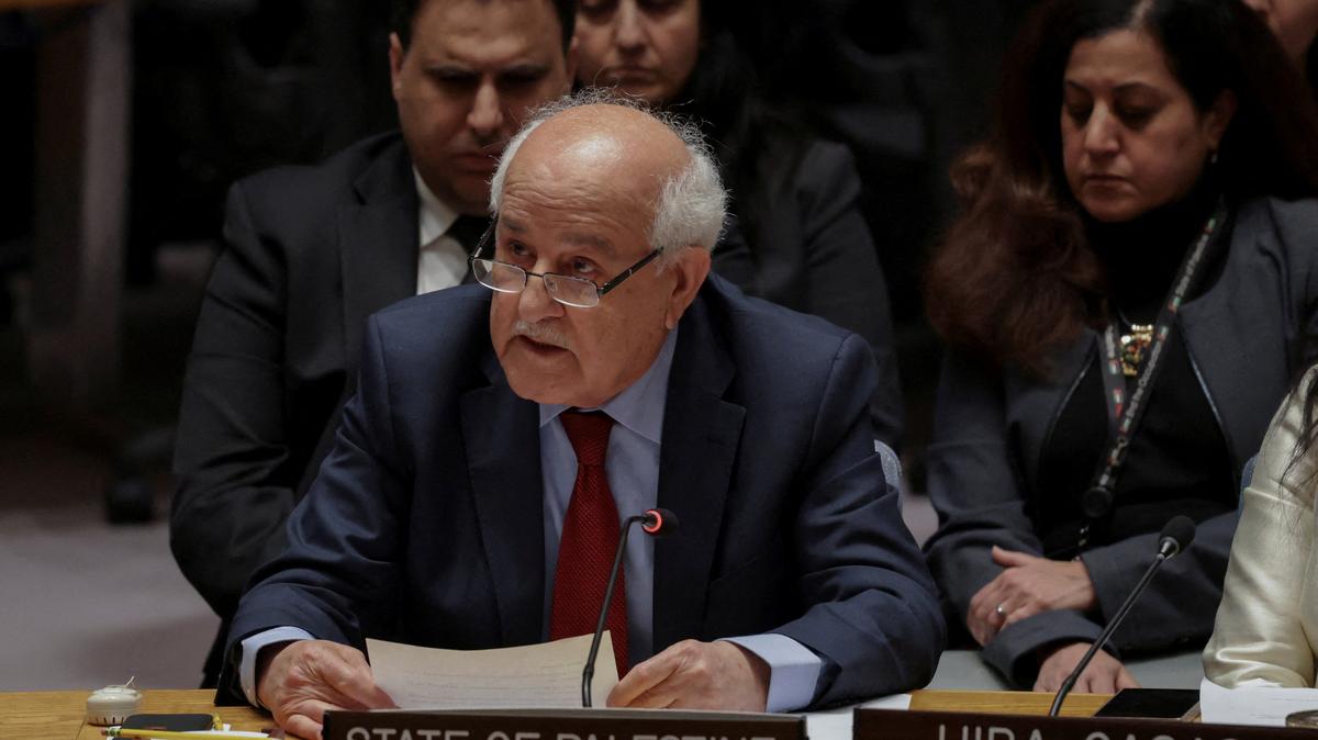 FILE PHOTO: Riyad H. Mansour, Palestinian Permanent Observer to the United Nations, addresses the Security Council during the meeting on the situation in the Middle East, at U.N. headquarters in New York City, U.S., February 18, 2026. REUTERS/Jeenah Moon/File Photo