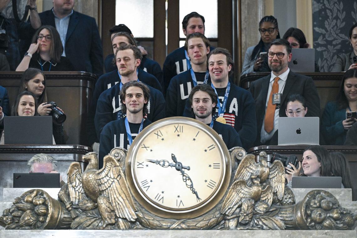  The U.S. men's Olympic ice hockey team with Jack Hughes and Quinn Hughes attend President Donald Trump's State of the Union address.Kenny Holston-Pool/Getty Images 