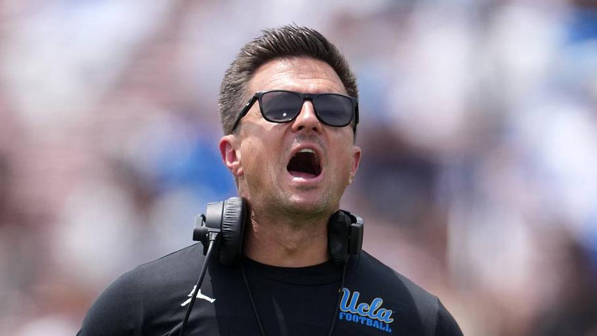  May 2, 2026; Pasadena, CA, USA; UCLA Bruins coach Bob Chesney reacts during the spring game at Rose Bowl. Mandatory Credit: Kirby Lee-Imagn Images | Kirby Lee-Imagn Images 