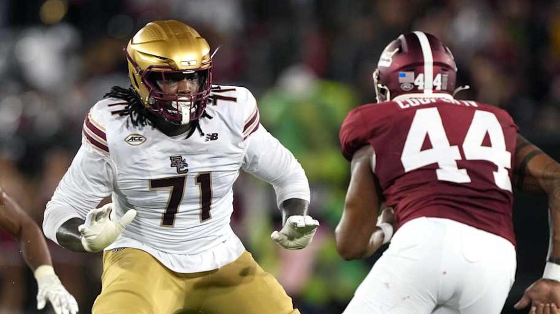  Sep 13, 2025; Stanford, California, USA; Boston College Eagles offensive lineman Jude Bowry (71) blocks against Stanford Cardinal linebacker Ernest Cooper (44) during the second quarter at Stanford Stadium. Mandatory Credit: Darren Yamashita-Imagn Images | Darren Yamashita-Imagn Images 