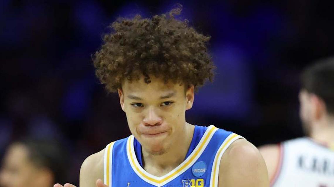  Mar 22, 2026; Philadelphia, PA, USA; UCLA Bruins guard Trent Perry (0) reacts against the UConn Huskies in the first half during a second round game of the men's 2026 NCAA Tournament at Xfinity Mobile Arena. Mandatory Credit: Bill Streicher-Imagn Images | Bill Streicher-Imagn Images 
