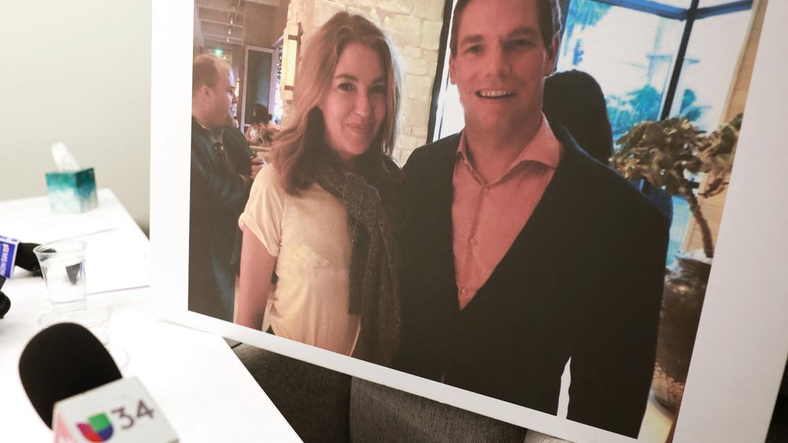 A picture showing Lonna Drewes, left, and former U.S. Representative Eric Swalwell, Democrat of California, is shown during a press conference where she described her claims about sexual misconduct by Swalwell in Beverly Hills, California, on April 14. Swalwell, who had already ended his bid to become California governor, announced his resignation from Congress on April 13, via X, after multiple women accused him of sexual assault or misconduct.