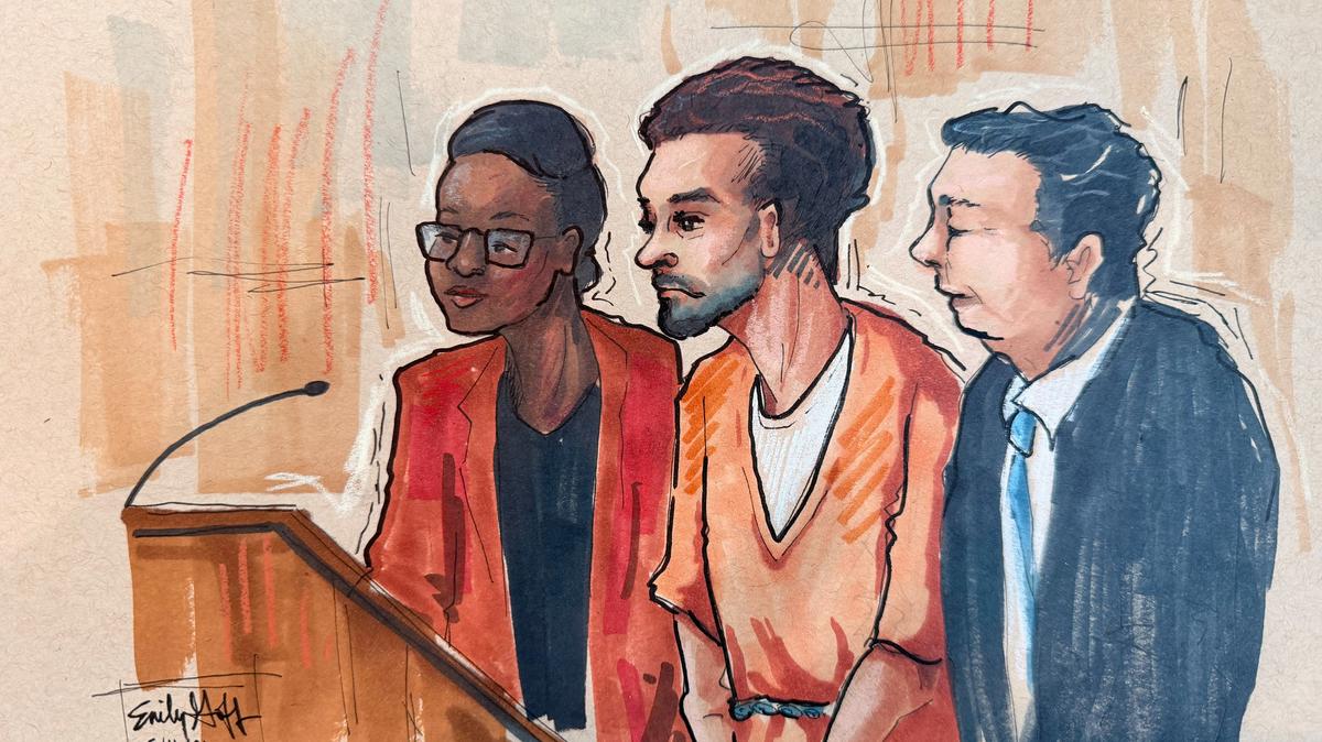 Defense Attorneys Tezira Abe and Eugene Ohm flank Cole Allen, a suspect in the White House Correspondents' Association (WHCA) dinner shooting, as he sits in the courtroom during a plea hearing after being charged with attempting to assassinate U.S. President Donald Trump, in Washington D.C., U.S., May 11, 2026, in this courtroom sketch.