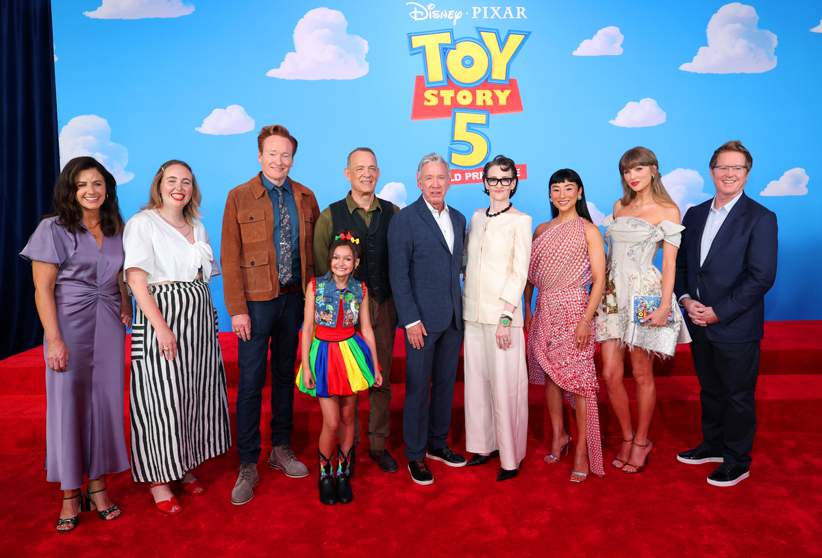 Lindsey Collins, Kenna Harris, Conan O’Brien, Scarlett Spears, Tom Hanks, Tim Allen, Joan Cusack, Greta Lee, Taylor Swift and Andrew Stanton attend the ‘Toy Story 5’ Los Angeles World Premiere at Dolby Theatre on June 09, 2026Kevin Mazur/Getty Images for TAS Rights Management
