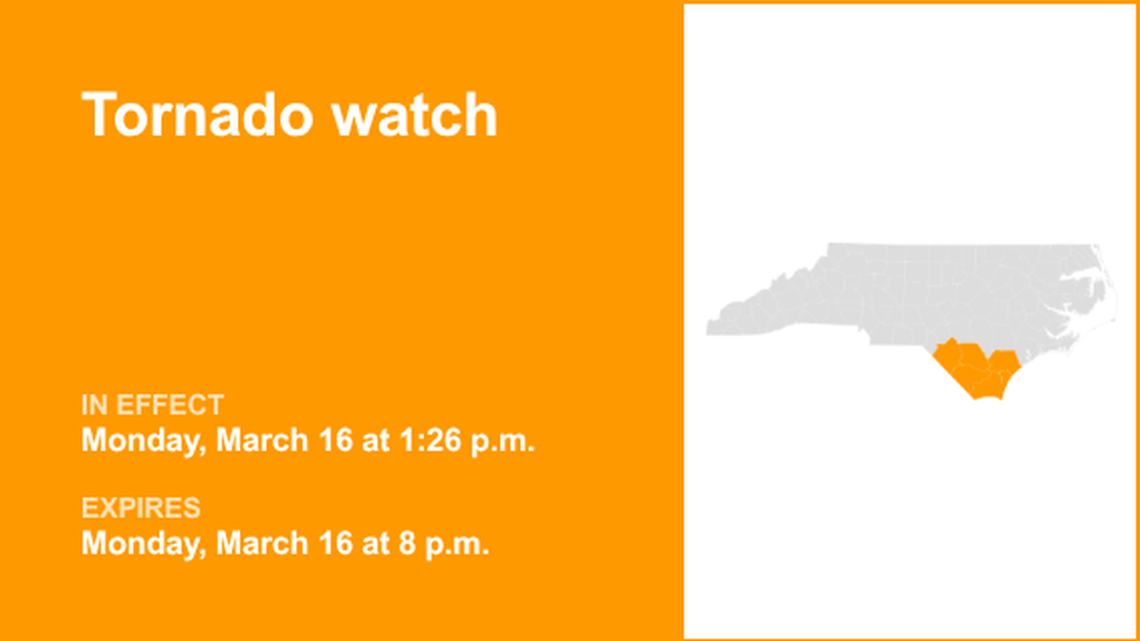Tornado watch for Eastern North Carolina until Monday evening 