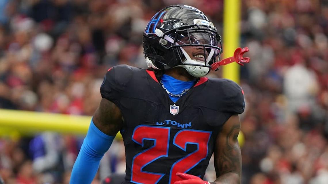  Oct 26, 2025; Houston, Texas, USA; Houston Texans cornerback Jaylin Smith (22) reacts during the second half against the San Francisco 49ers at NRG Stadium. | Sean Thomas-Imagn Images 