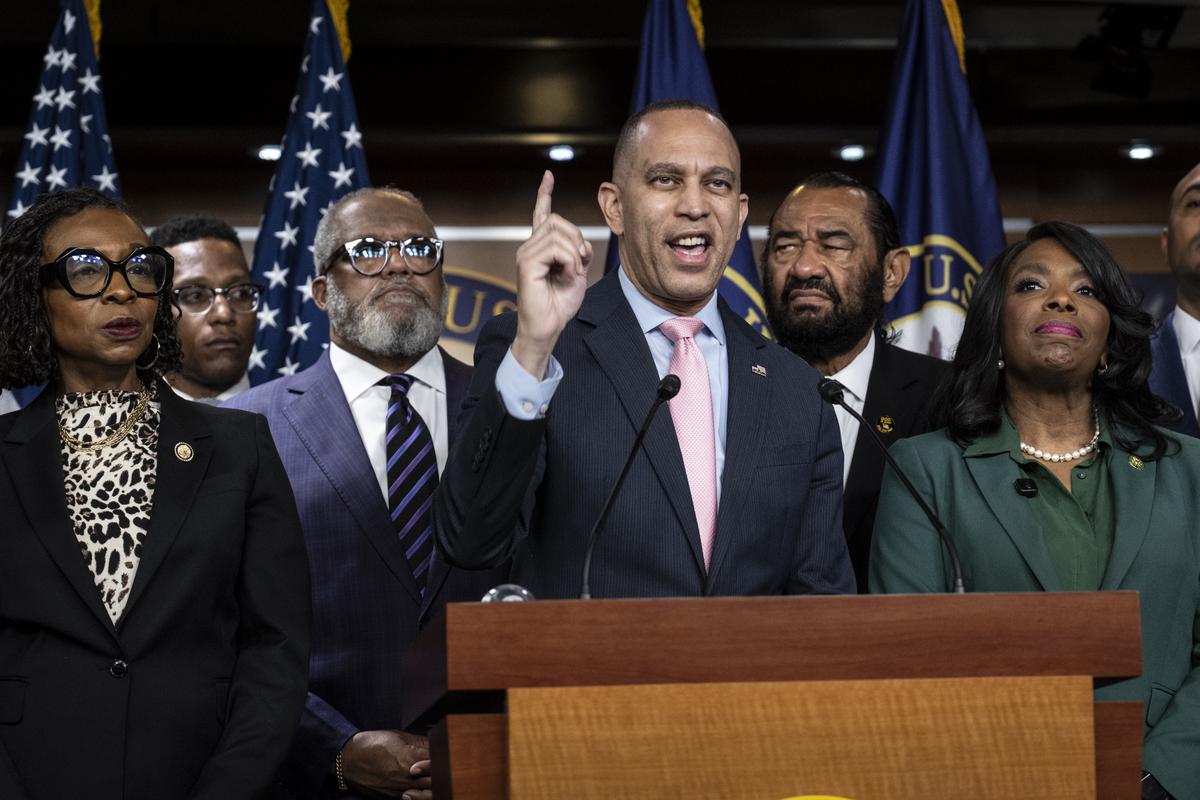House Minority Leader Hakeem Jeffries (D-N.Y.) and members of the Congressional Black Caucus respond to a Supreme Court ruling that weakened the Voting Rights Act, in Washington on Wednesday, April 29, 2026. Jeffries tied the decision to the Trump administration's efforts to roll back initiatives promoting diversity, equity and inclusion. "This isn't even really the Roberts court, it's the Trump court," Jeffries said. (D-Texas.) (Pete Marovich/The New York Times)