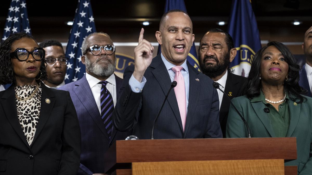 House Minority Leader Hakeem Jeffries (D-N.Y.) and members of the Congressional Black Caucus respond to a Supreme Court ruling that weakened the Voting Rights Act, in Washington on Wednesday6. Jeffries tied the decision to the Trump administration's efforts to roll back initiatives promoting diversity, equity and inclusion. "This isn't even really the Roberts court, it's the Trump court," Jeffries said.