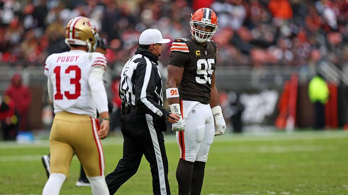  Nov 30, 2025; Cleveland, Ohio, USA; Cleveland Browns defensive end Myles Garrett (95) reacts after a play against San Francisco 49ers quarterback Brock Purdy (13) during the second half at Huntington Bank Field. Mandatory Credit: Scott Galvin-Imagn Images | Scott Galvin-Imagn Images 