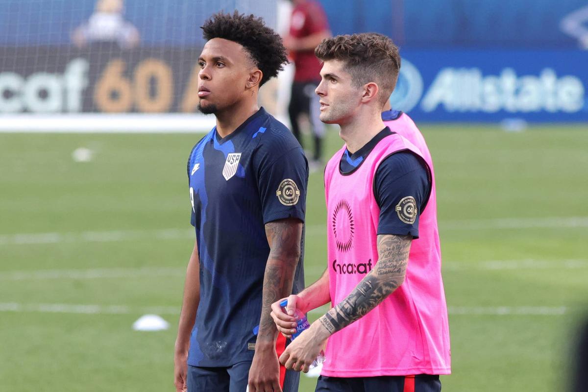  DENVER, CO - JUNE 03: United States midfielder Weston McKennie (8) and United States forward Christian Pulisic (10) look on after the game action during the CONCACAF Nations League semifinal match between the United States and Honduras on June 03, 2021, at Empower Field at Mile High in Denver, CO. (Photo by Robin Alam/Icon Sportswire via Getty Images) 