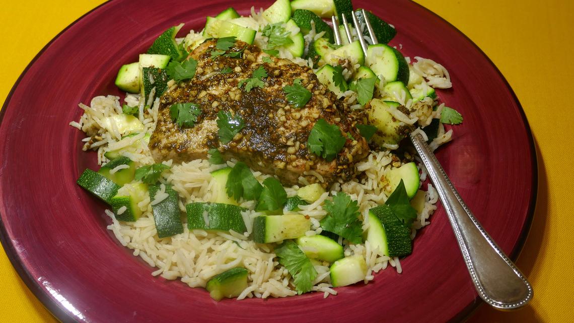 Za’atar pork chops with zucchini rice. (Linda Gassenheimer/TNS)