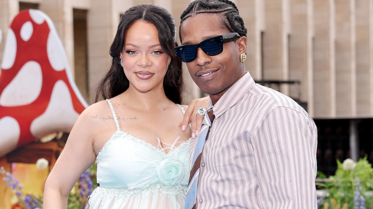 Rihanna and A$AP Rocky attend the "Smurfs" Global Premiere at Mont des Arts on June 28, 2025 in Brussels, Belgium. 