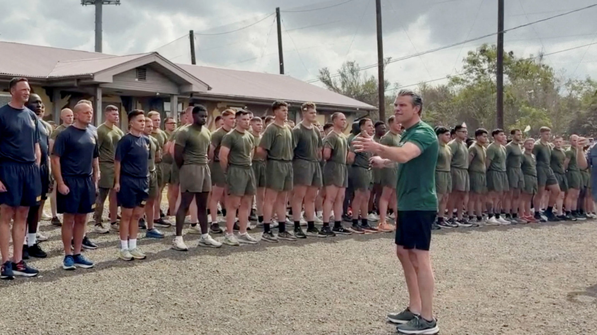 U.S. Defense Secretary Pete Hegseth speaks to troops at the U.S. naval base at Guantanamo Bay,  Cuba, in the still frame taken from video June 10, 2026. REUTERS/Phil Stewart