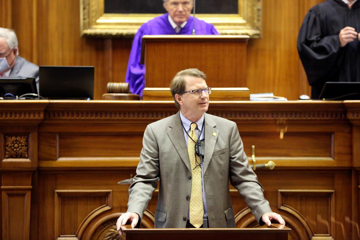 South Carolina Sen. Richard Cash, R-Powdersville, speaks during a debate to remove spending projects from the state budget on Wednesday, April 28, 2021, in Columbia, S.C. Senators are debating the state’s roughly $10 billion spending plan. (AP Photo/Jeffrey Collins)