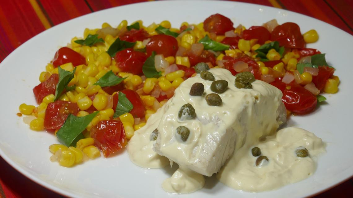 Quick Fix: Simple Poached Fish with Caper Sauce and Quick Corn and Tomatoes 