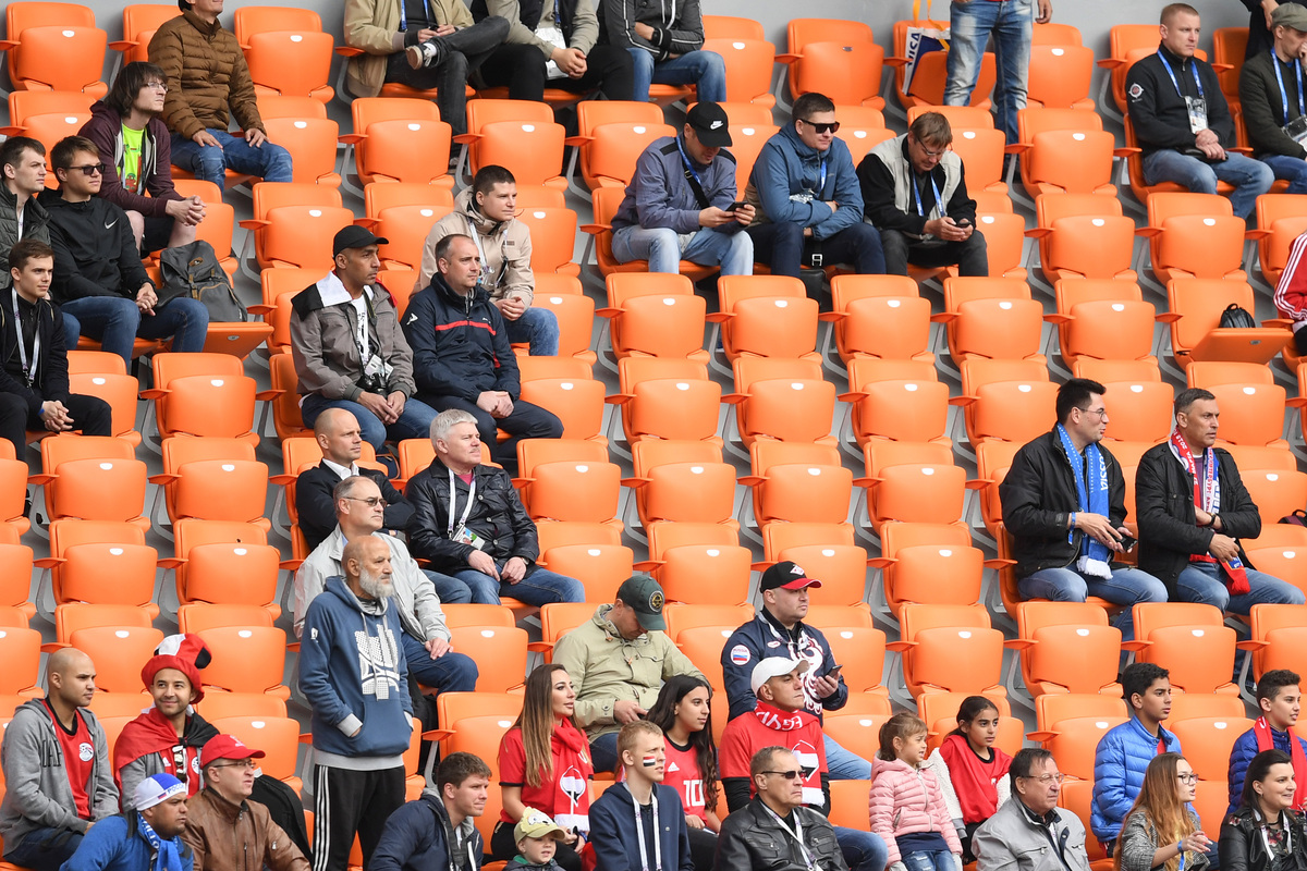  Empty seats are seen in the stands during the 2018 FIFA World Cup Russia Group A match between Egypt and Uruguay at Ekaterinburg Arena on June 15, 2018, in Yekaterinburg, Russia. 