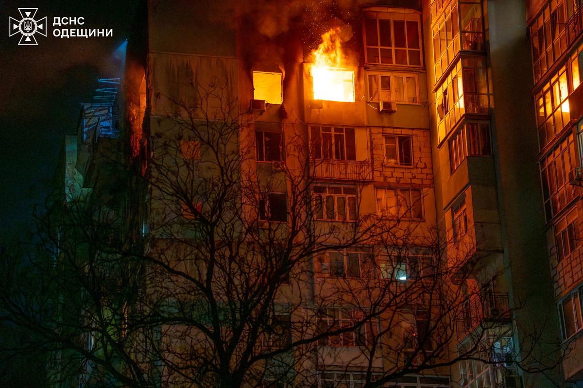 An apartment building damaged by a Russian drone strike, amid Russia's attack on Ukraine, in Odesa, Ukraine, in this handout picture released May 1, 2026. Press service of the State Emergency Service of Ukraine in Odesa region/Handout via REUTERS