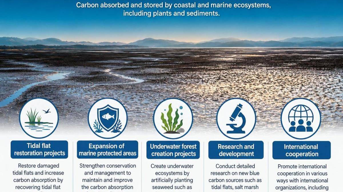 
A South Korean tidal flat is shown in an infographic explaining the country’s blue carbon policy, including tidal flat restoration, expanded marine protected areas, underwater forest projects and research cooperation. Information provided by Ministry of Oceans and Fisheries. Graphic by Asia Today and translated by UPI
                                            