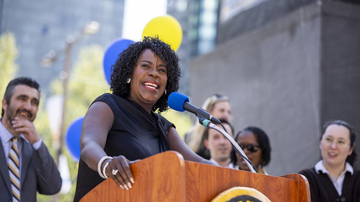Mayor Cherelle L. Parker, speaks at the Municipal Services Building in Philadelphia on April. 17, 2026. (Tyger Williams/The Philaelphia Inquirer/TNS)