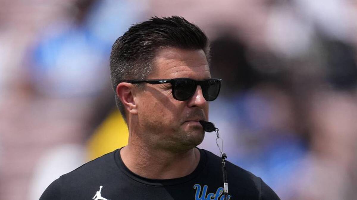  May 2, 2026; Pasadena, CA, USA; UCLA Bruins coach Bob Chesney reacts during the spring game at Rose Bowl. Mandatory Credit: Kirby Lee-Imagn Images | Kirby Lee-Imagn Images 