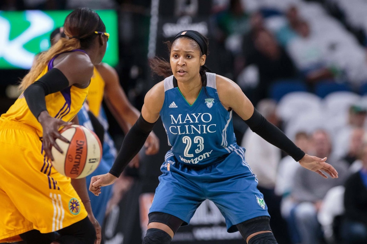  Minnesota Lynx forward Maya Moore defends Los Angeles Sparks forward Essence Carson during the WNBA Finals at Target Center. Brad Rempel-USA TODAY Sports