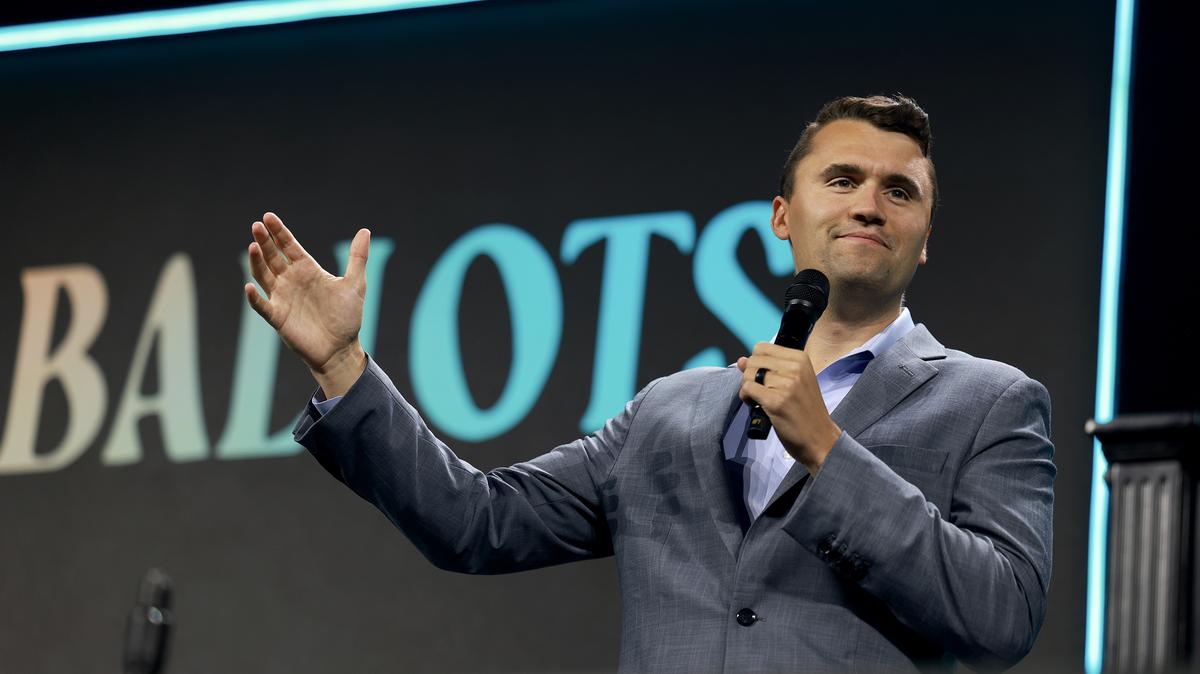 Charlie Kirk, who founded Turning Point USA, speaks before former President Donald Trump's arrival during a Turning Point USA Believers Summit conference at the Palm Beach Convention Center on July 26, 2024, in West Palm Beach, Florida.
