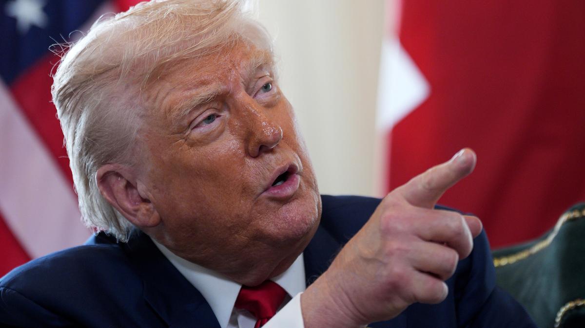 U.S. President Donald Trump gestures as he meets with British Prime Minister Keir Starmer (not pictured) at Trump Turnberry golf club on July 28, 2025, in Turnberry, Scotland.