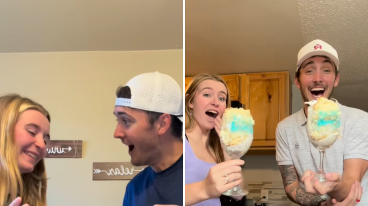 From left: Kensley and Jason looking at a pregnancy test; the couple doing a cake gender reveal test. 