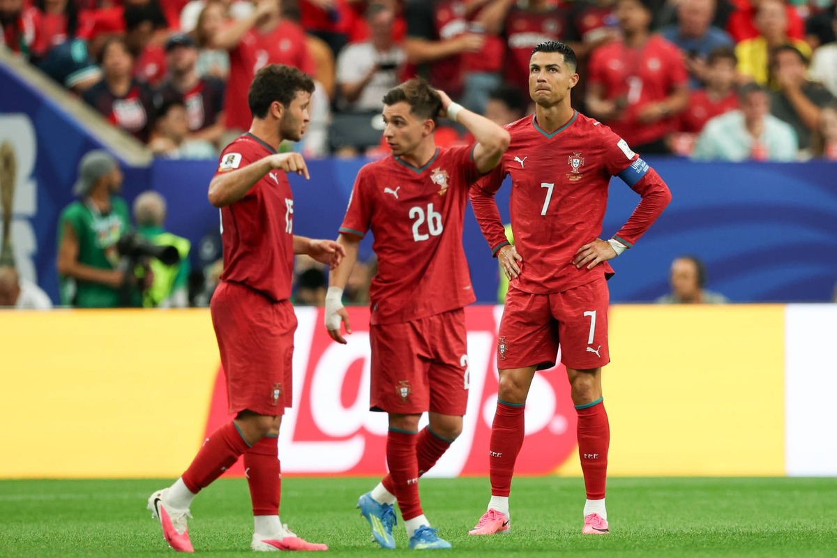  Cristiano Ronaldo shows his frustration on the pitch while next to teammate Joao Neves of Portugal and Francisco Conceicao of Portugal during the FIFA World Cup 2026 Group K match between Portugal and Congo DR on June 17, 2026. (Photo by David Buono/Icon Sportswire via Getty Images)