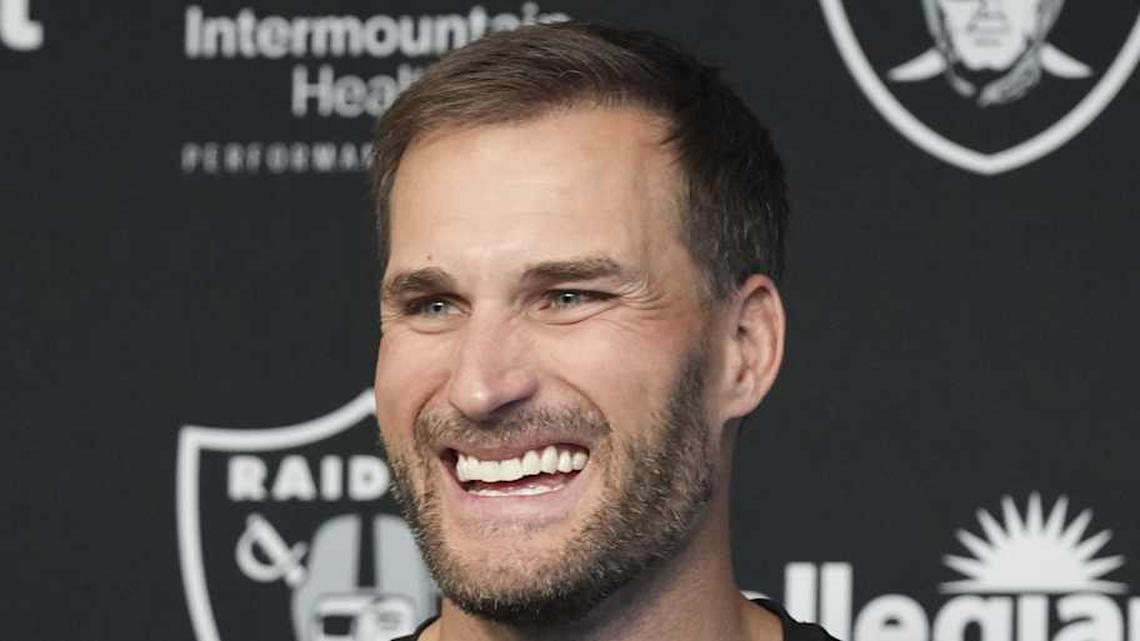 Apr 8, 2026; Las Vegas, NV, USA; Las Vegas Raiders quarterback Kirk Cousins speaks at a press conference at Intermountain Health Performance Center. Mandatory Credit: Candice Ward-Imagn Images | Candice Ward-Imagn Images 