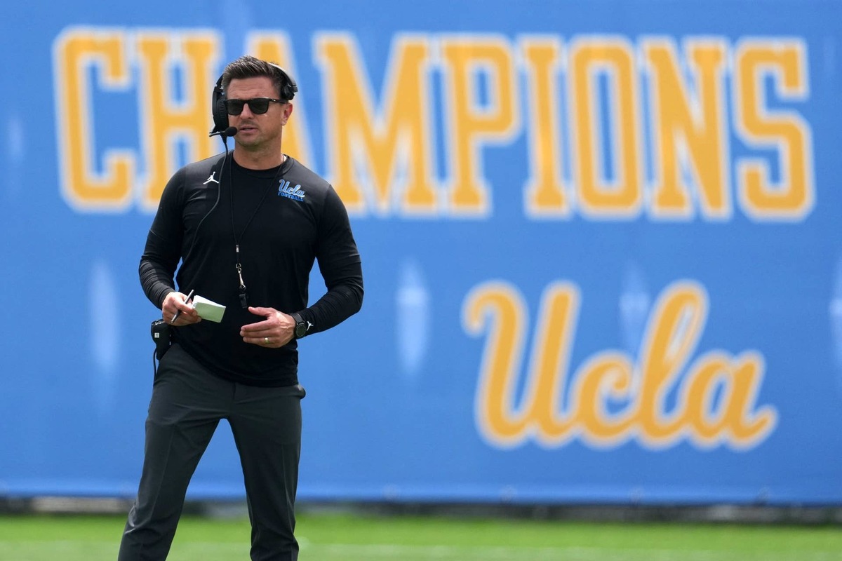  UCLA coach Bob Chesney reacts during the spring game at the Rose Bowl on May 2, 2026, in Pasadena, California.