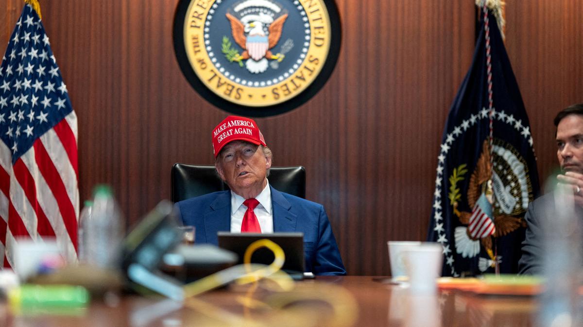 FILE PHOTO: U.S. President Donald Trump holds a meeting in the Situation Room at the White House in Washington, D.C., U.S. June 21, 2025.  The White House/Handout via REUTERS/File Photo