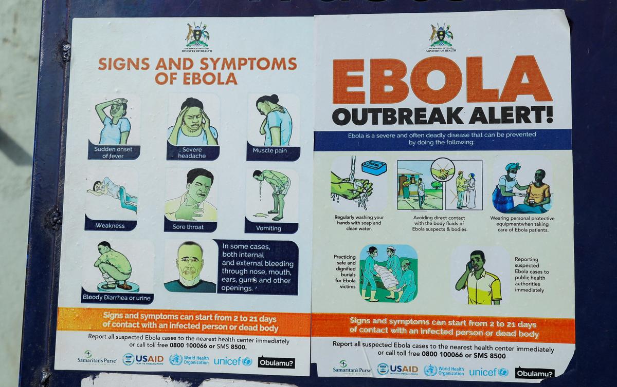 An advocacy poster against the spread of Ebola virus is placed along the walkway at the Platinum Medical Centre, as aid agencies intensify efforts to contain a new Ebola outbreak involving the Bundibugyo Virus in Kampala, Uganda, May 26, 2026. REUTERS/Abubaker Lubowa