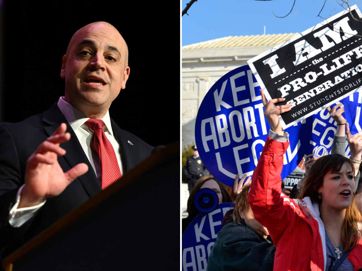  A composite image showing Pennsylvania Attorney General Dave Sunday and anti-abortion and abortion rights protesters. 