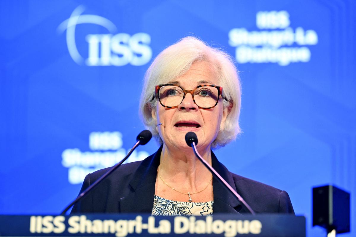 Catherine Vautrin, French Minister for the Armed Forces and Veterans, speaks at the IISS Shangri-La Dialogue security summit in Singapore, May 30, 2026. REUTERS/Caroline Chia