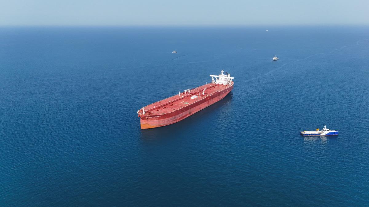A drone view shows the Malta-flagged tanker Agios Fanourios I, an oil tanker that sailed through the Strait of Hormuz, arriving in Iraq’s territorial waters off Basra, Iraq, April 17, 2026. REUTERS/Mohammed Aty