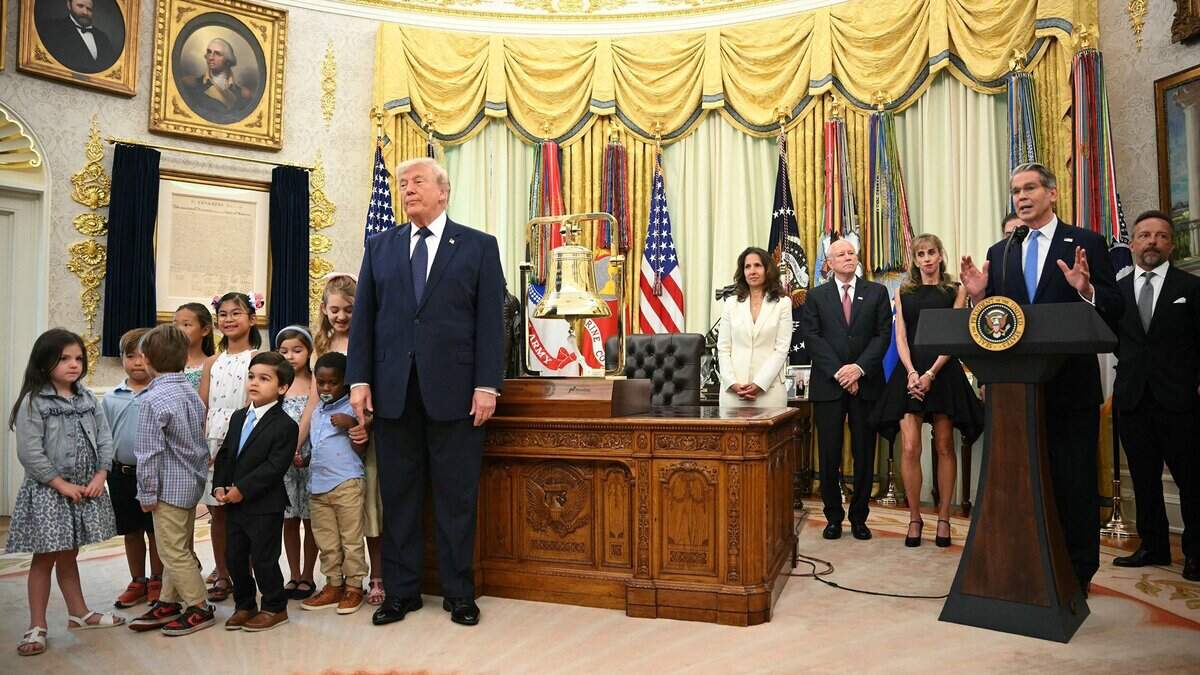 U.S. President Donald Trump listens to Treasury Secretary Scott Bessent speak ahead of the launch of Trump investment accounts in the Oval Office of the White House in Washington, D.C., on July 6, 2026. Trump accounts are a new type of tax-deferred investment accounts for children.