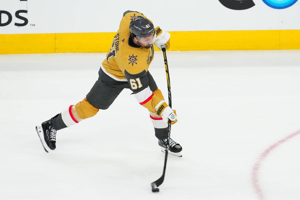  Vegas Golden Knights right wing Mark Stone (61) shoots against the Minnesota Wild during the third period of game two of the first round of the 2025 Stanley Cup Playoffs at T-Mobile Arena. Stephen R. Sylvanie-Imagn Images 
